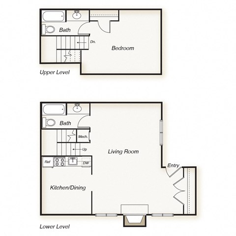 Floor plan for 1 bed, 2 baths, 805 sqft